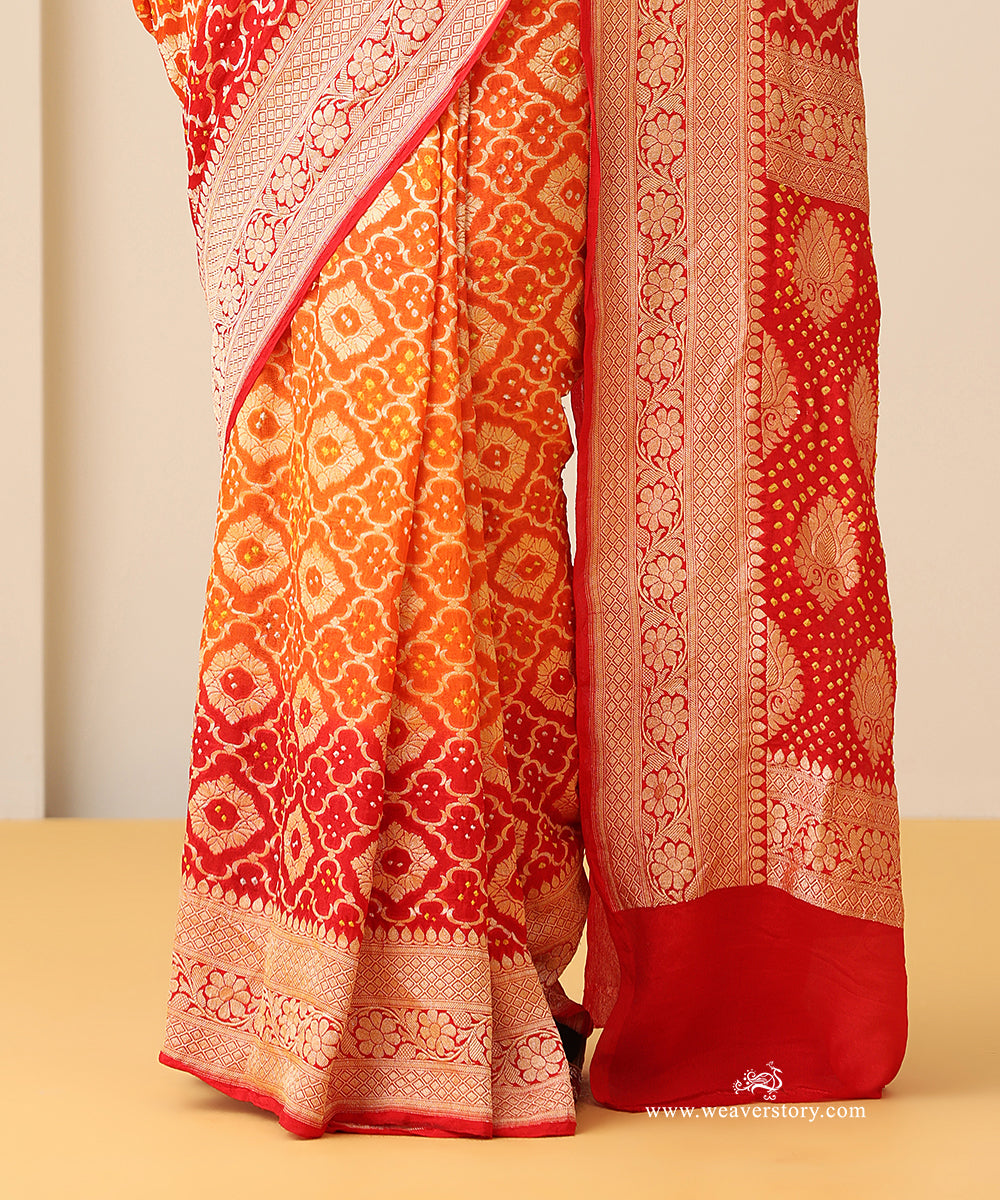 Red_And_Orange_Shaded_Handloom_Pure_Georgette_Banarasi_Bandhej_Saree_With_Leaf_Motifs_WeaverStory_04