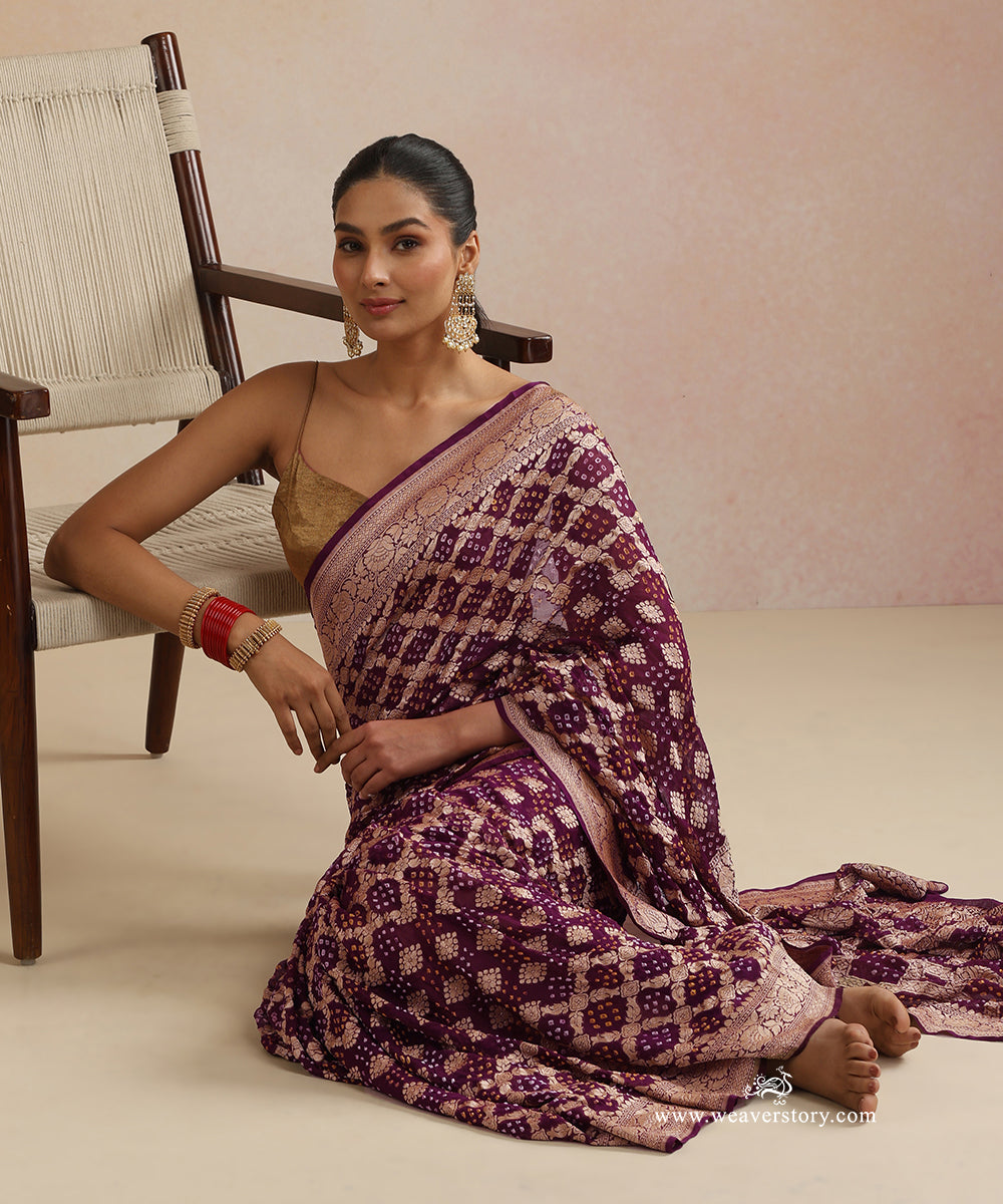 Purple_Handloom_Pure_Georgette_Banarasi_Bandhej_Saree_With_Floral_Checkered_Zari_WeaverStory_02