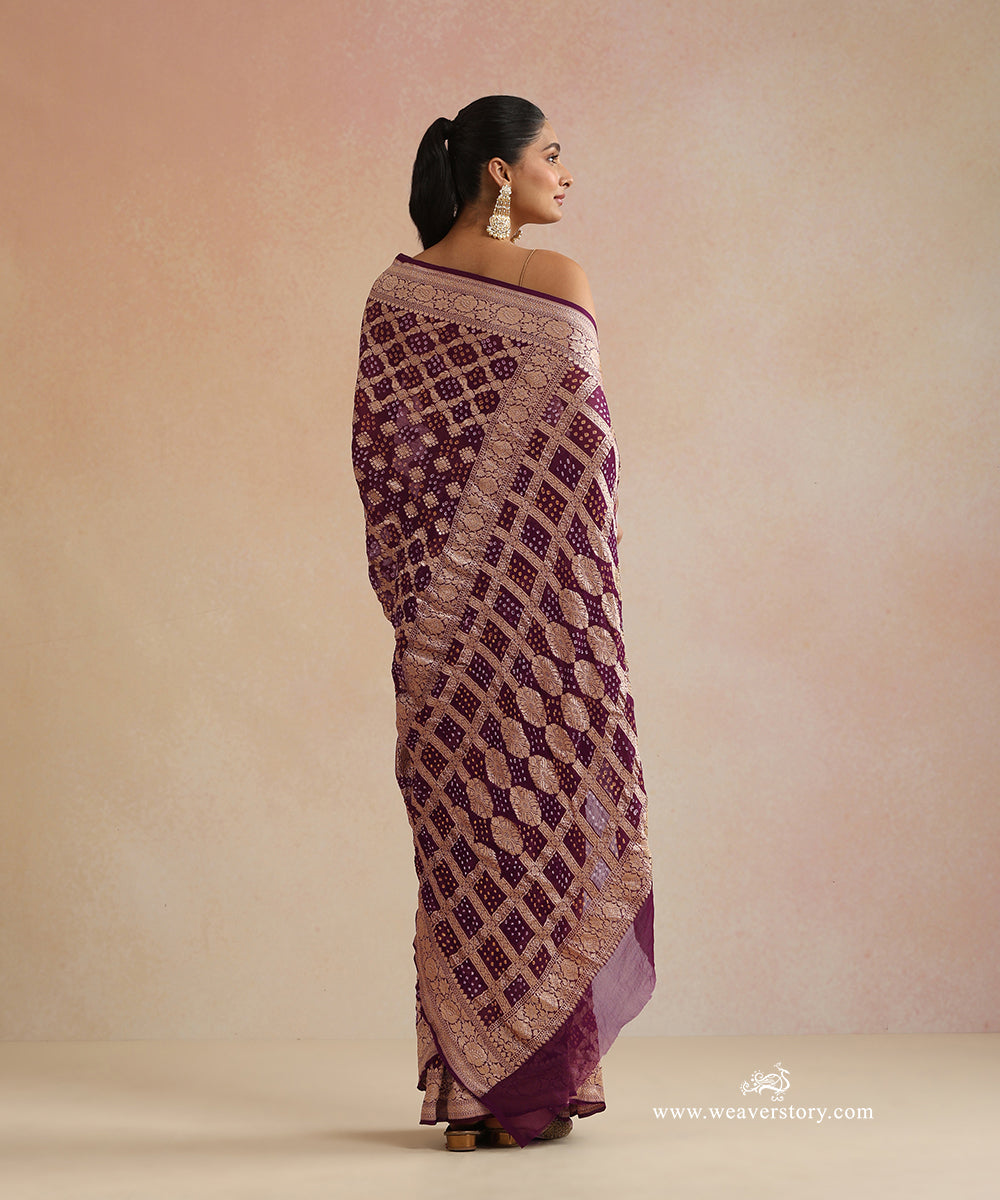Purple_Handloom_Pure_Georgette_Banarasi_Bandhej_Saree_With_Floral_Checkered_Zari_WeaverStory_03