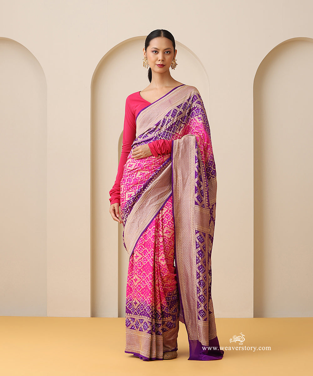 Purple_And_Pink_Shaded_Handloom_Pure_Georgette_Banarasi_Bandhej_Saree_WeaverStory_01