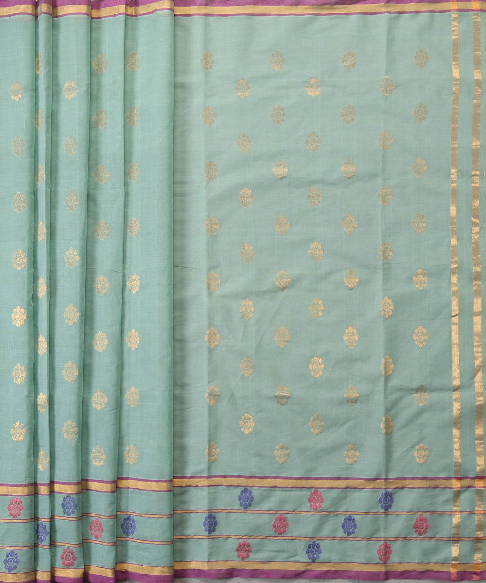 Ice_Blue_Handloom_Pure_Cotton_Venkatagiri_Saree_With_Gold_Floral_Bootas_And_Thin_Zari_Border_WeaverStory_02
