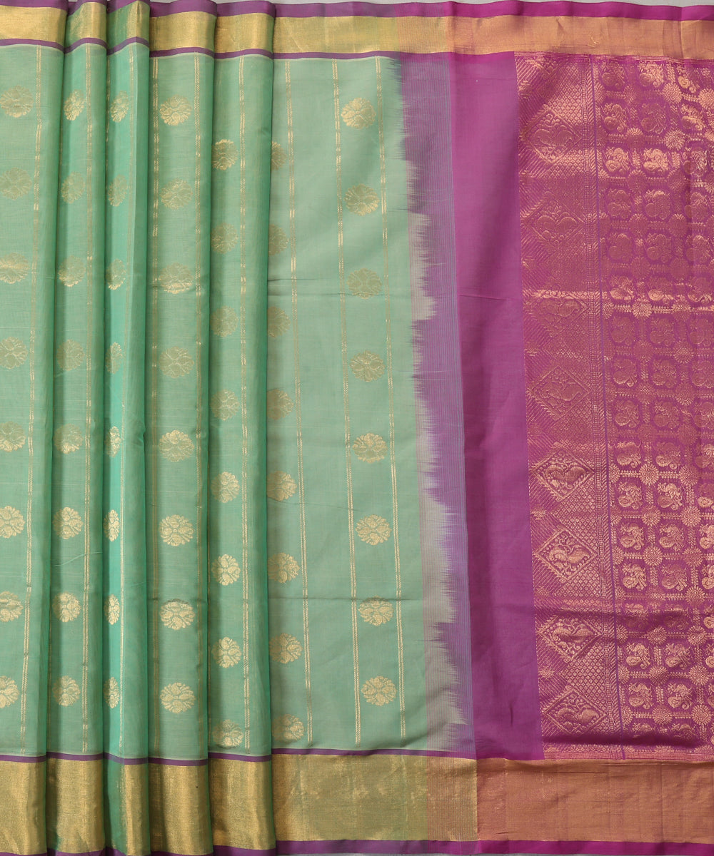 Pista_Handloom_Green_Pure_Cotton_Venkatagiri_Saree_With_Gold_Flowers_And_Zari_Border_WeaverStory_02