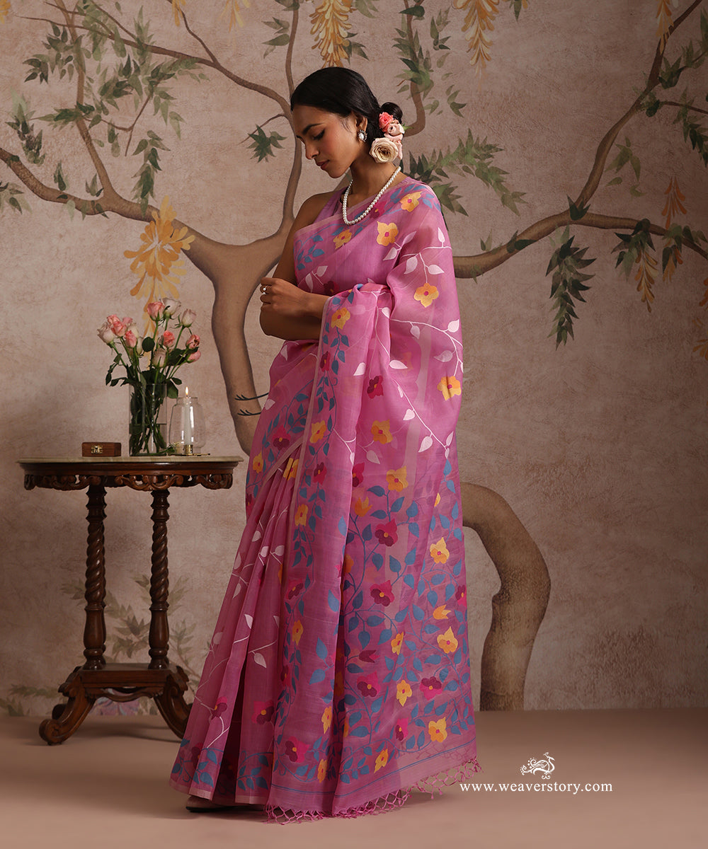 Pink_Handloom_Pure_Muslin_Dhakai_Jamdani_Saree_With_Allover_Floral_Jaal_WeaverStory_02
