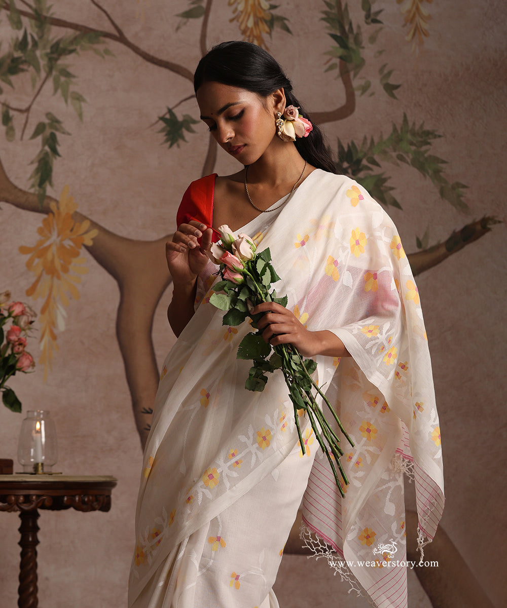 White_Handloom_Pure_Khadi_Dhakai_Jamdani_Saree_With_Allover_Meena_Jaal_WeaverStory_03