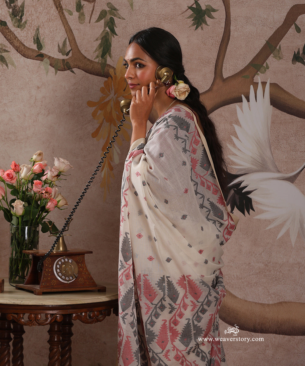 White_Handloom_Pure_Khadi_Dhakai_Jamdani_Saree_With_Allover_Red_And_Black_Booti_WeaverStory_04