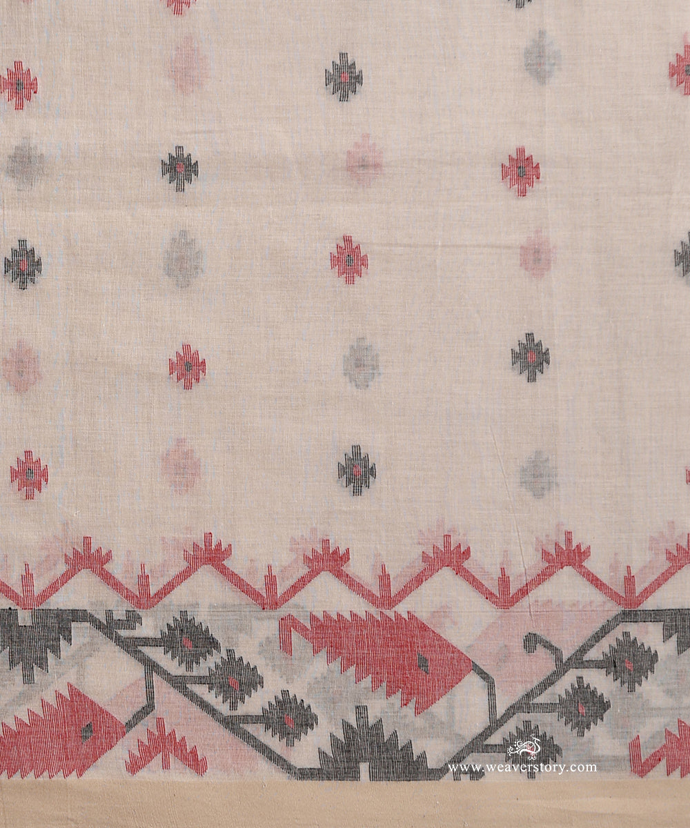 White_Handloom_Pure_Khadi_Dhakai_Jamdani_Saree_With_Allover_Red_And_Black_Booti_WeaverStory_06