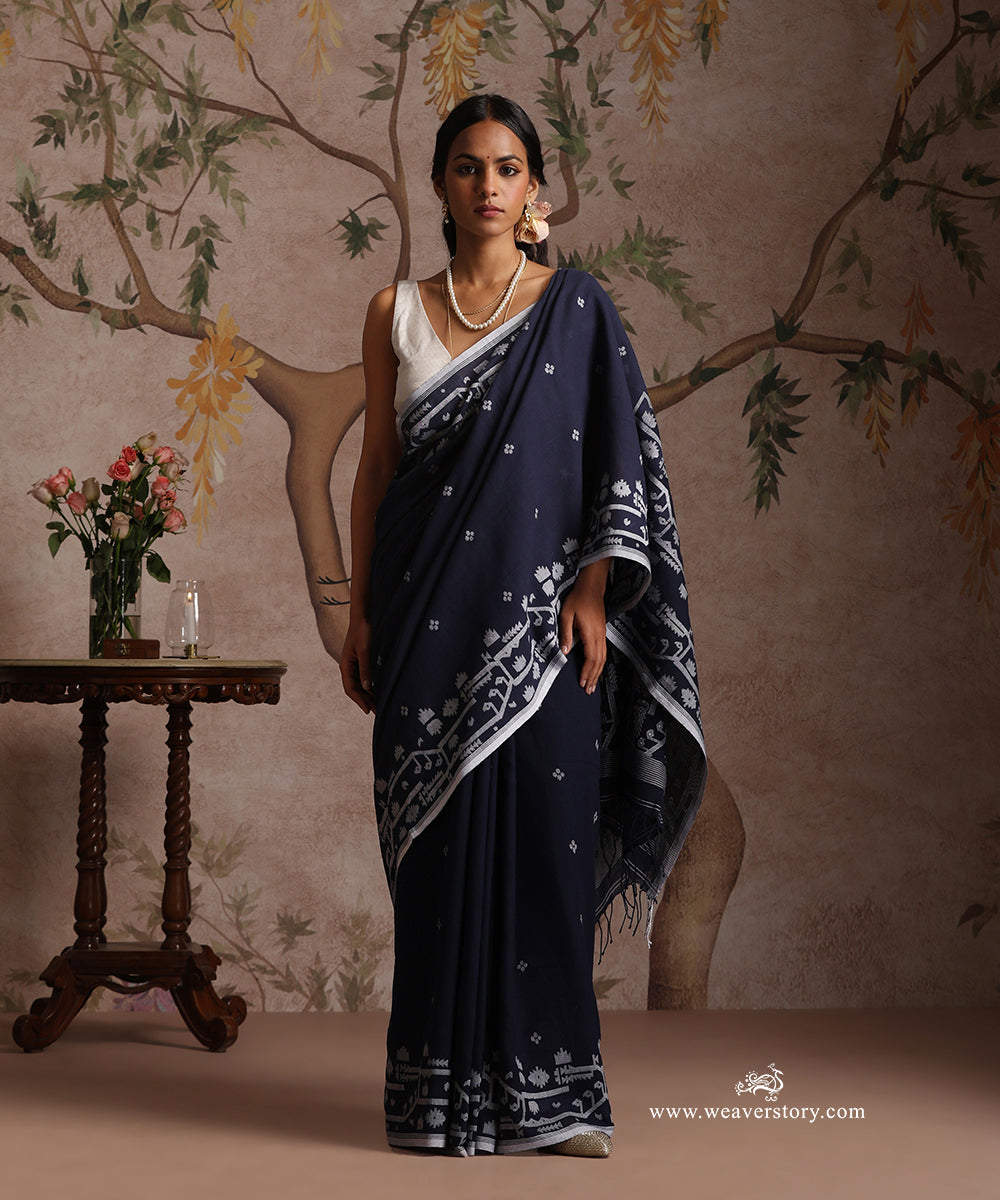 Navy_Blue_Handloom_Pure_Khadi_Dhakai_Jamdani_Saree_With_Allover_Boota_WeaverStory_01