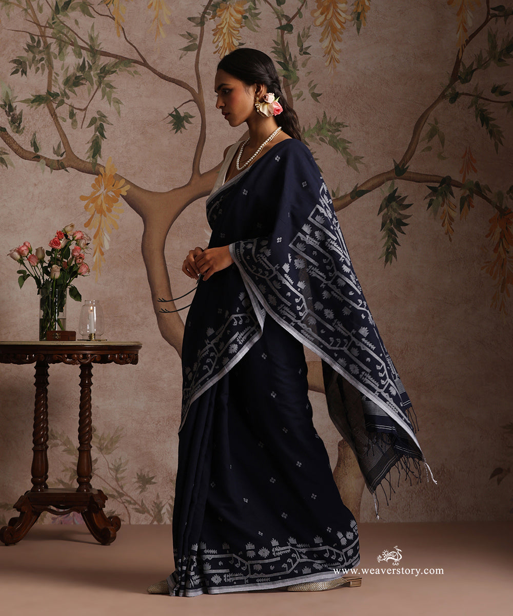 Navy_Blue_Handloom_Pure_Khadi_Dhakai_Jamdani_Saree_With_Allover_Boota_WeaverStory_02