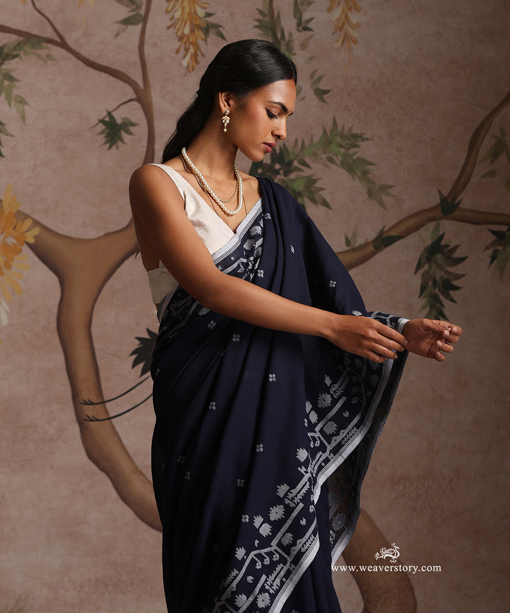Navy_Blue_Handloom_Pure_Khadi_Dhakai_Jamdani_Saree_With_Allover_Boota_WeaverStory_03