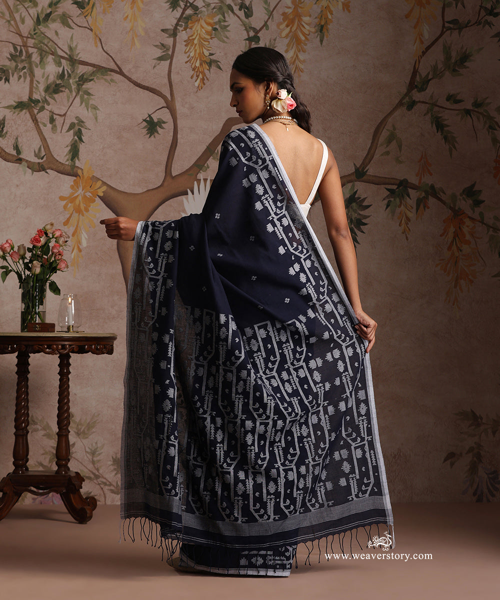Navy_Blue_Handloom_Pure_Khadi_Dhakai_Jamdani_Saree_With_Allover_Boota_WeaverStory_04