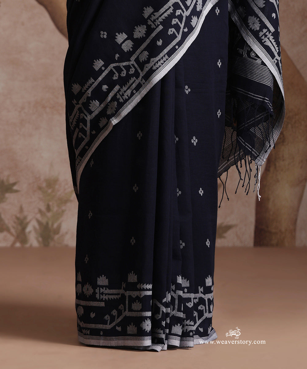 Navy_Blue_Handloom_Pure_Khadi_Dhakai_Jamdani_Saree_With_Allover_Boota_WeaverStory_05