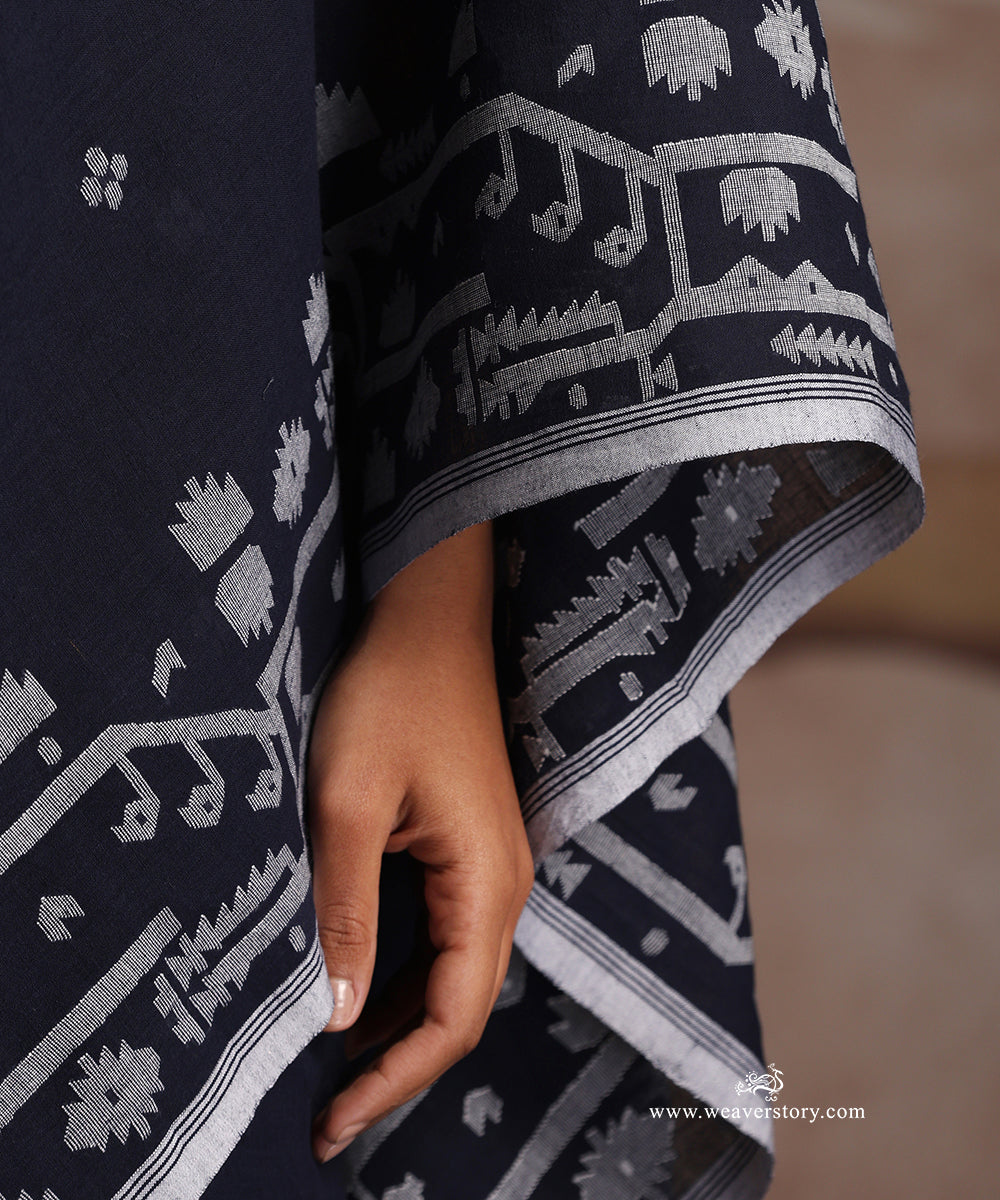 Navy_Blue_Handloom_Pure_Khadi_Dhakai_Jamdani_Saree_With_Allover_Boota_WeaverStory_06