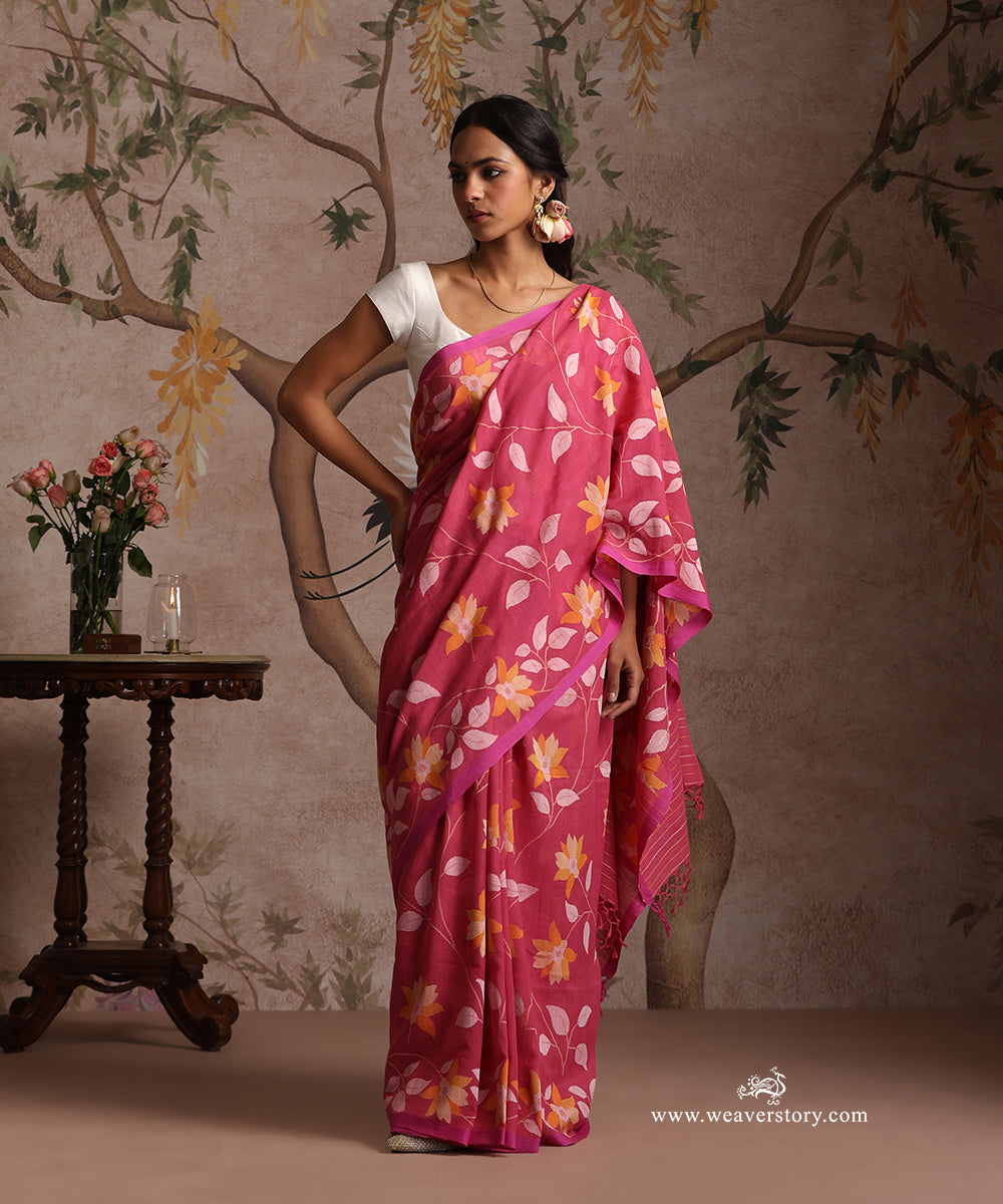 Pink_Handloom_Pure_Khadi_Dhakai_Jamdani_Saree_With_Allover_Floral_Jaal_WeaverStory_01