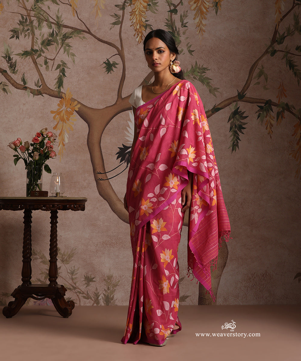 Pink_Handloom_Pure_Khadi_Dhakai_Jamdani_Saree_With_Allover_Floral_Jaal_WeaverStory_02