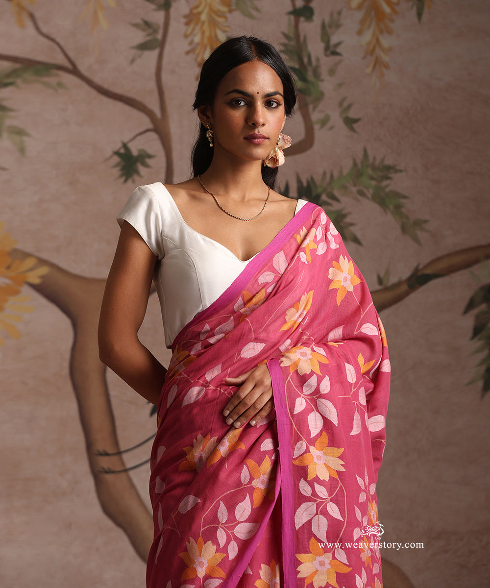 Pink_Handloom_Pure_Khadi_Dhakai_Jamdani_Saree_With_Allover_Floral_Jaal_WeaverStory_03