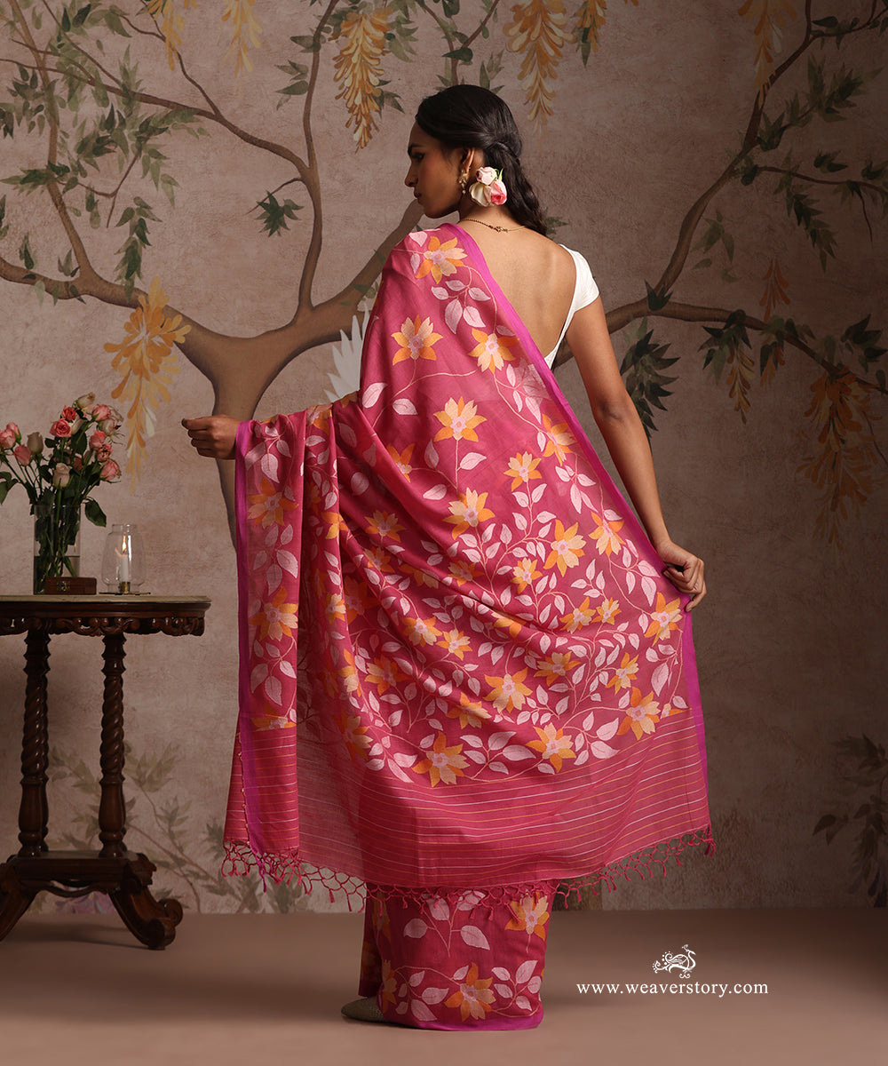 Pink_Handloom_Pure_Khadi_Dhakai_Jamdani_Saree_With_Allover_Floral_Jaal_WeaverStory_04