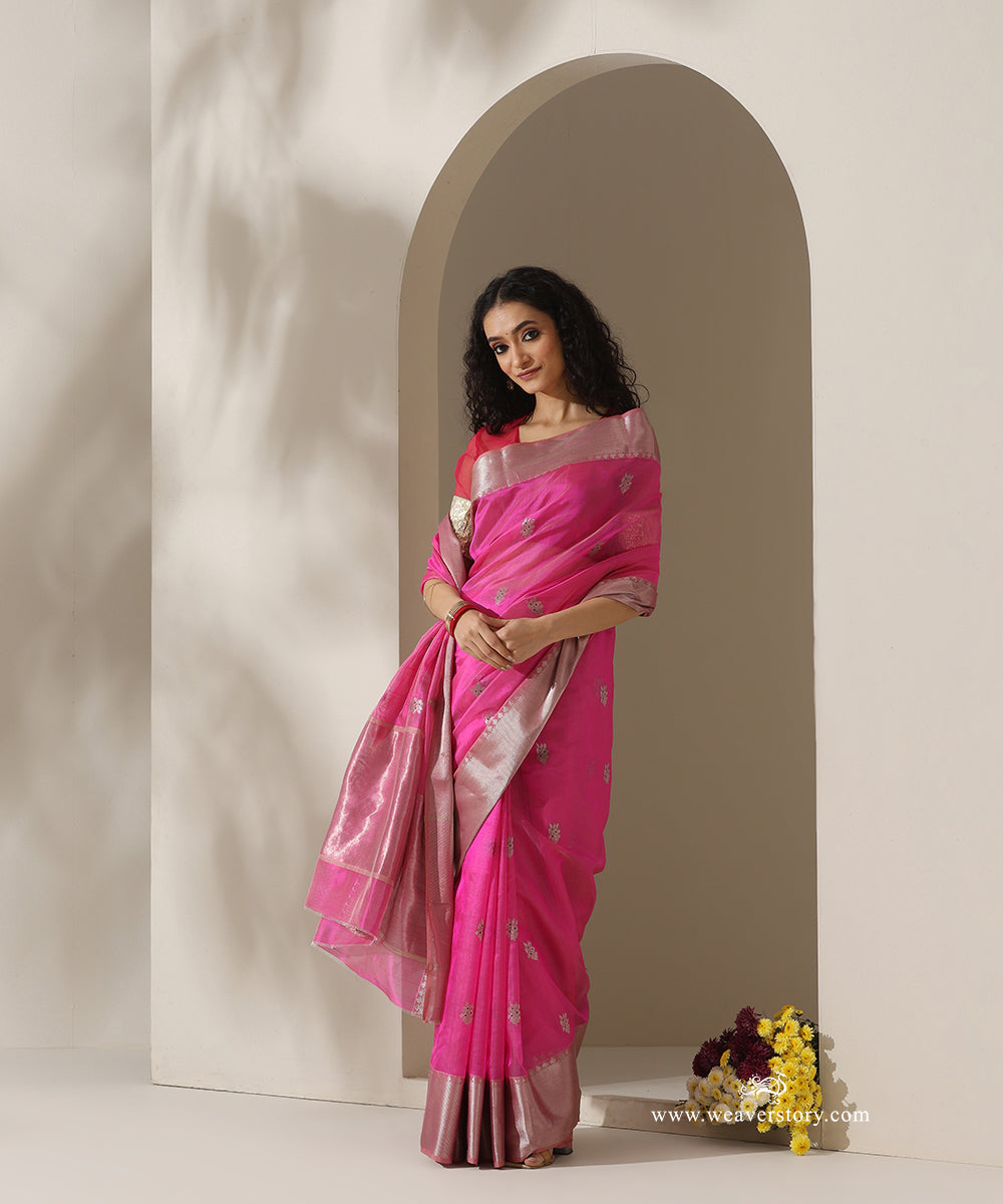 Pink_Handloom_Pure_Silk_Chanderi_Eknaliyasaree_With_Green_Meena_Flower_Boota_And_Silver_Zari_Big_Border_WeaverStory_01