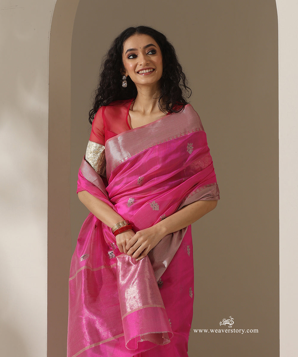 Pink_Handloom_Pure_Silk_Chanderi_Eknaliyasaree_With_Green_Meena_Flower_Boota_And_Silver_Zari_Big_Border_WeaverStory_02