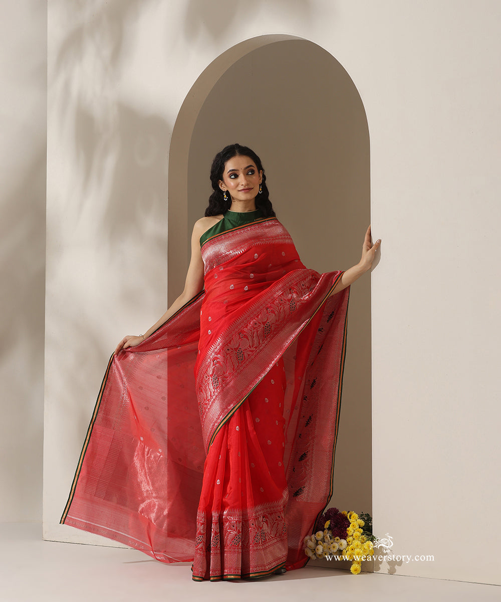 Red_Handloom_Pure_Silk_Chanderi_Eknaliya_Saree_With_Small_Booti_Pecock_Border_And_Green_Selvedge_WeaverStory_01