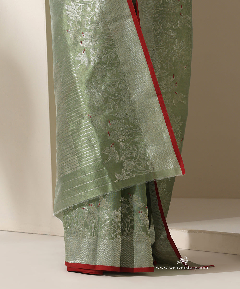 Olive_Handloom_Pure_Silk_Chanderi_Eknaliya_Saree_With_Red_Meena_Small_Booti_And_Shikargah_Border_Red_Selvedge_WeaverStory_04