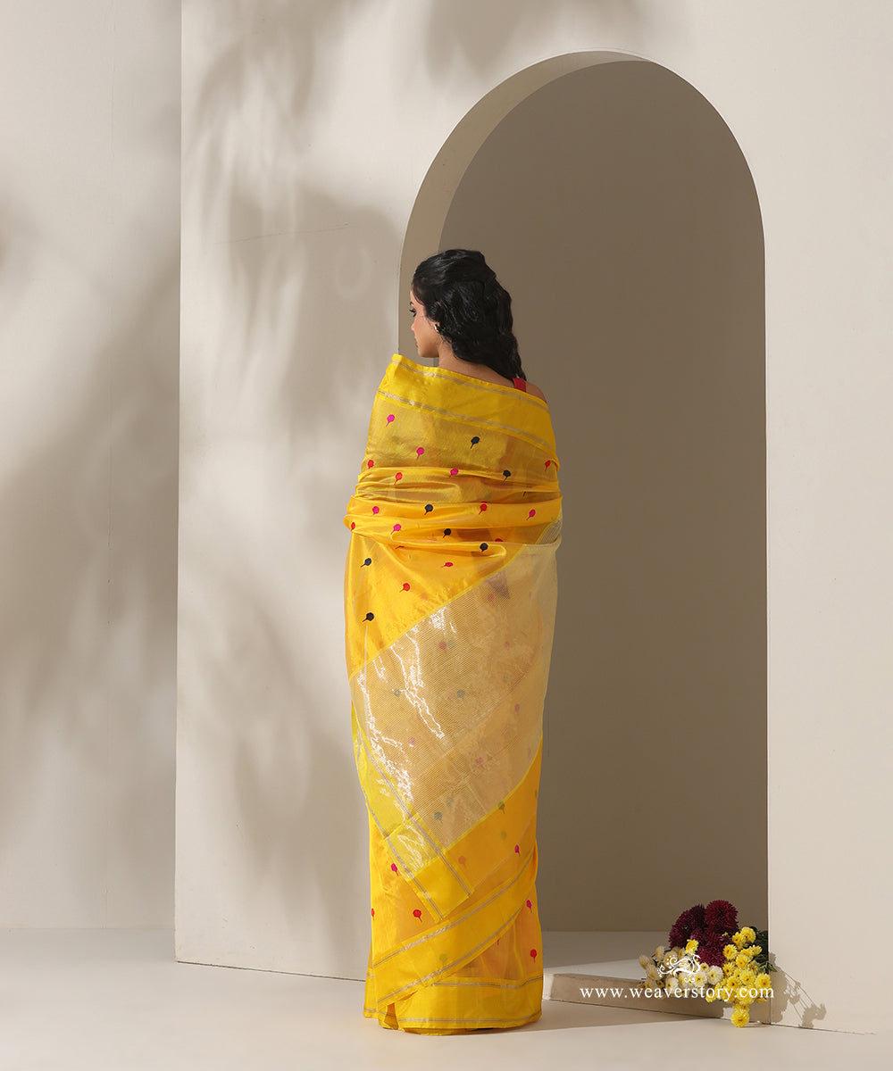 Yellow_Handloom_Pure_Silk_Chanderi_Eknaliya_Saree_With_Multicoloured_Meena_Booti_WeaverStory_03