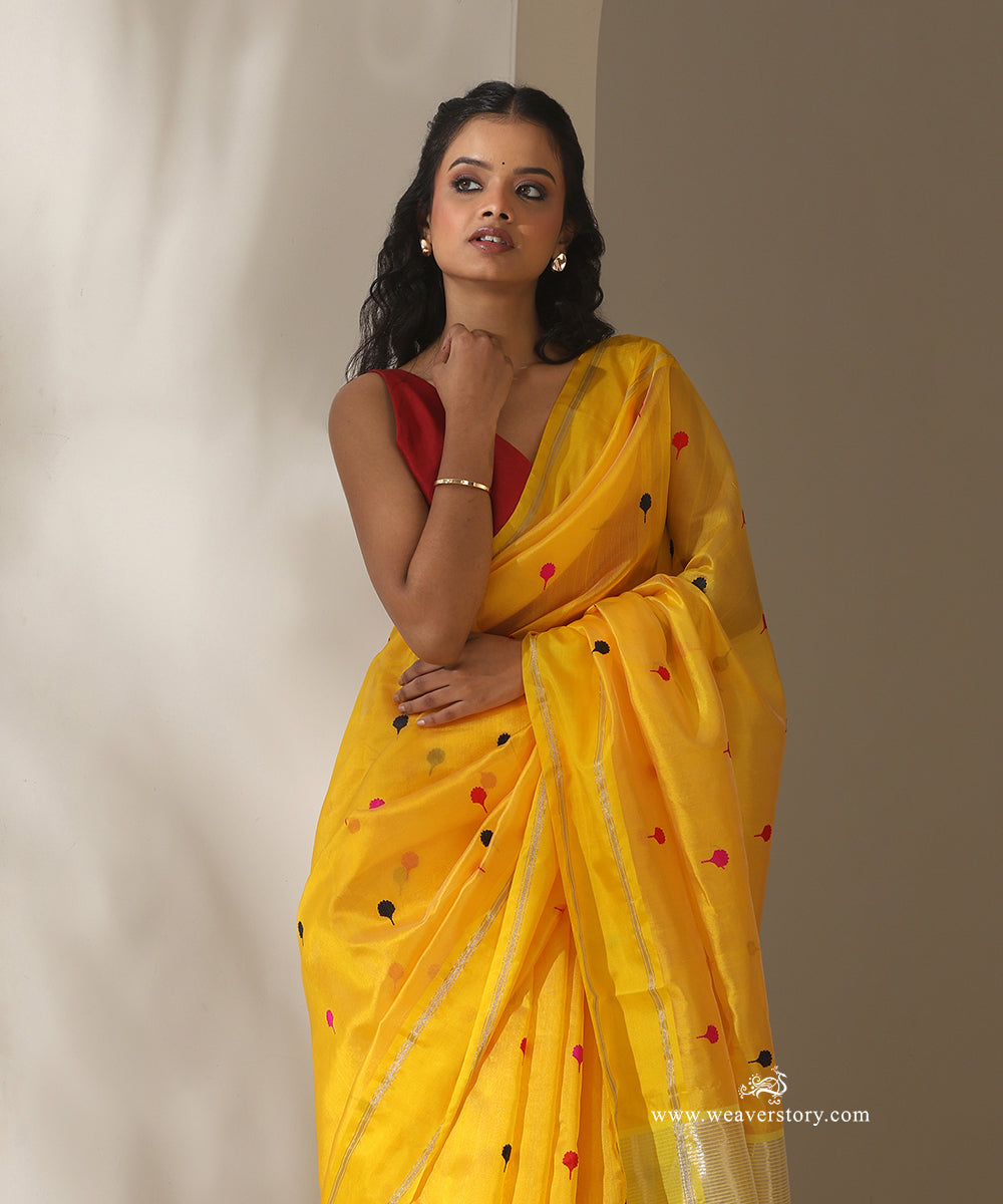 Yellow_Handloom_Pure_Silk_Chanderi_Eknaliya_Saree_With_Multicoloured_Meena_Booti_WeaverStory_02