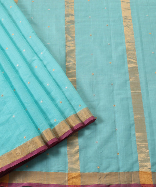 Aqua Green Handloom Pure Cotton Venkatagiri Small Booti Saree With Gold Border And Pink Selvedge