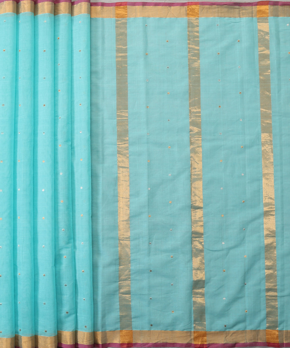 Aqua_Green_Handloom_Pure_Cotton_Venkatagiri_Small_Booti_Saree_With_Gold_Border_And_Pink_Selvedge_WeaverStory_02