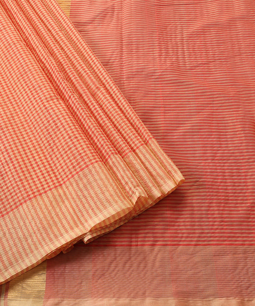 Beige And Peach Handloom Pure Cotton Venkatagiri Zari Small Checkered Saree