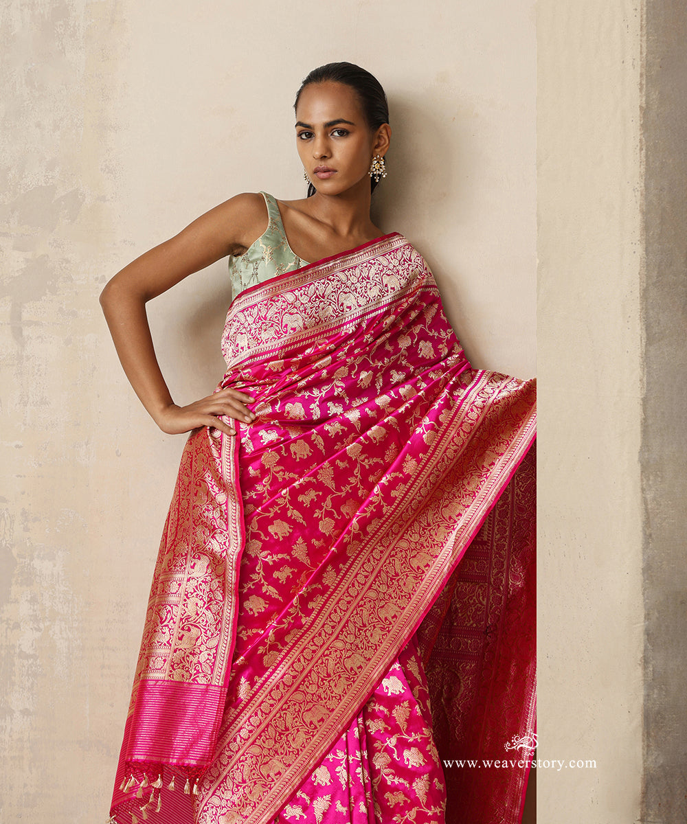 Mrigakshi — Pink Handloom Real Zari Kadhwa Banarasi Shikargah Saree in Pure Katan Silk