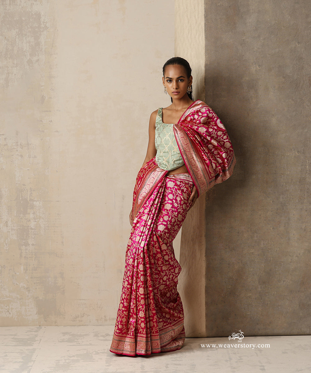 Vaidarbhi — Pink Handloom Real Zari Kadhwa Banarasi Jangla Saree in Pure Katan Silk