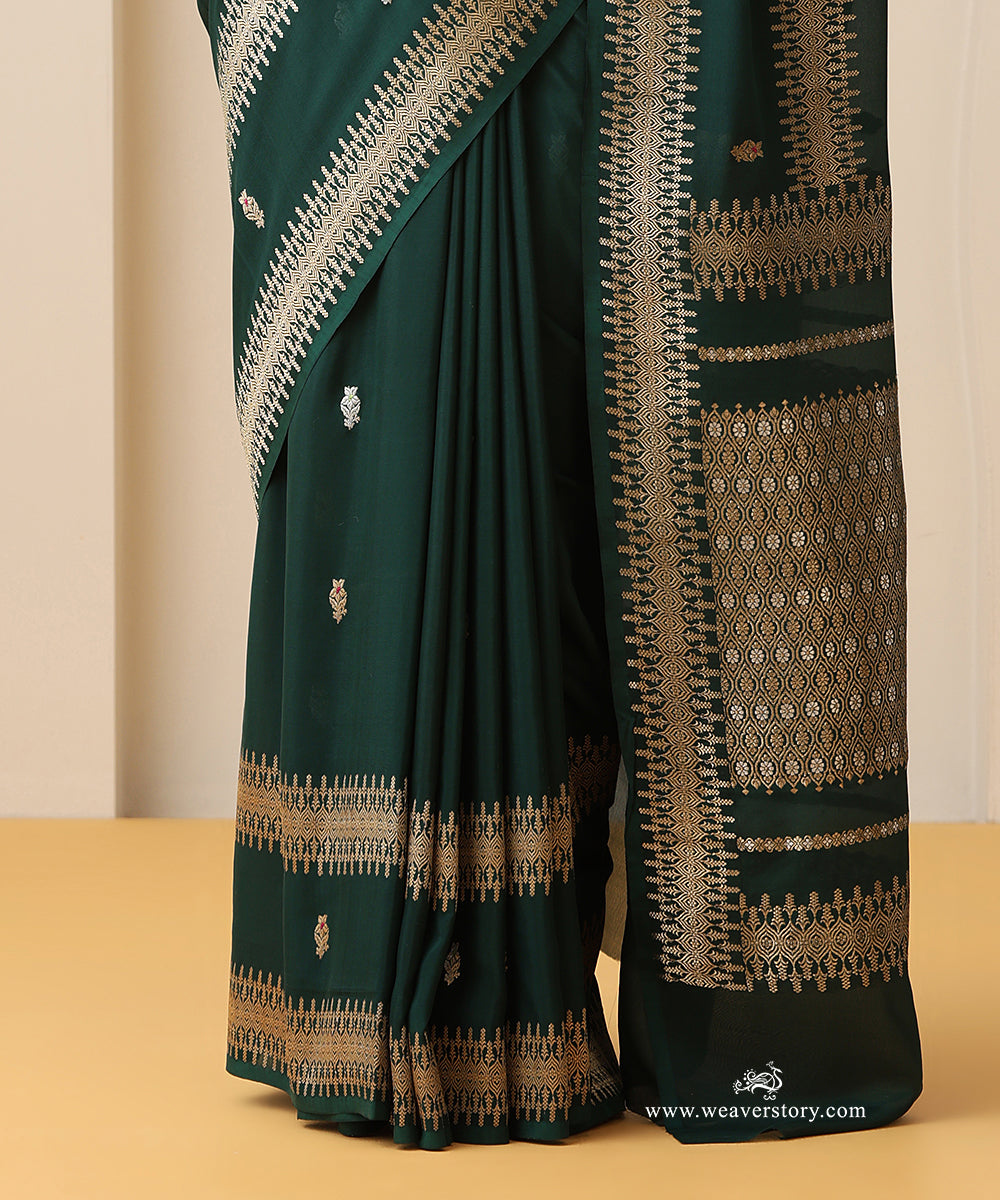Handloom_Green_Pure_Georgette_Banarasi_Saree_With_Double_Border_Kadhwa_Meena_Booti_WeaverStory_04
