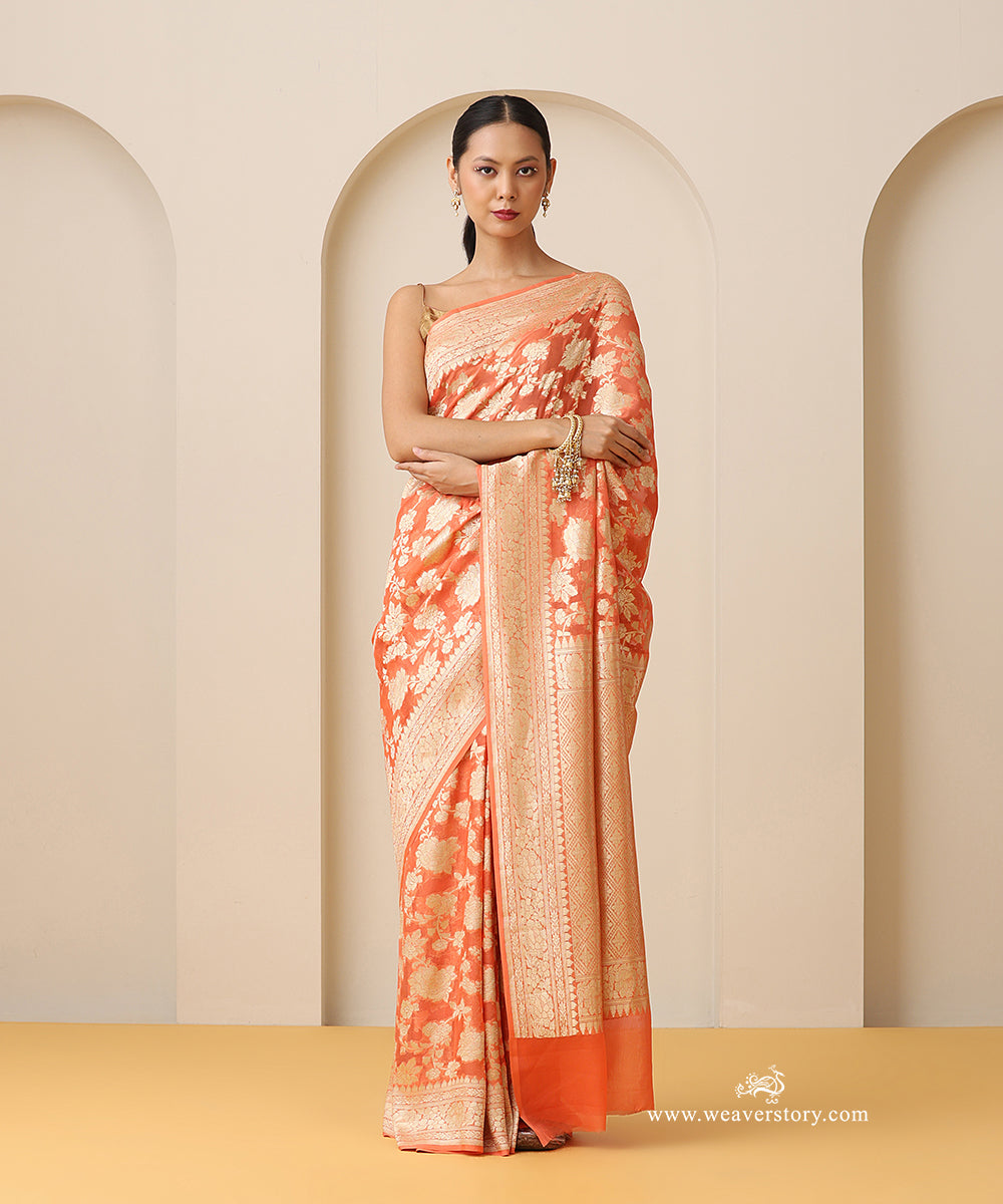 Peach_Orange_Handloom_Pure_Georgette_Banarasi_Cutwork_Saree_With_Allover_Rose_Jaal_WeaverStory_01