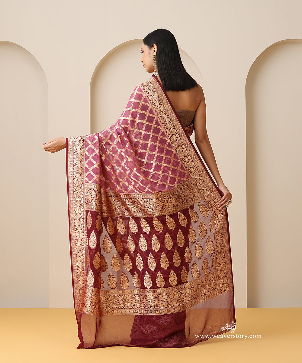 Onion_Pink_Handloom_Pure_Georgette_Banarasi_Cutwork_Saree_With_Wine_Contrast_Border_WeaverStory_03