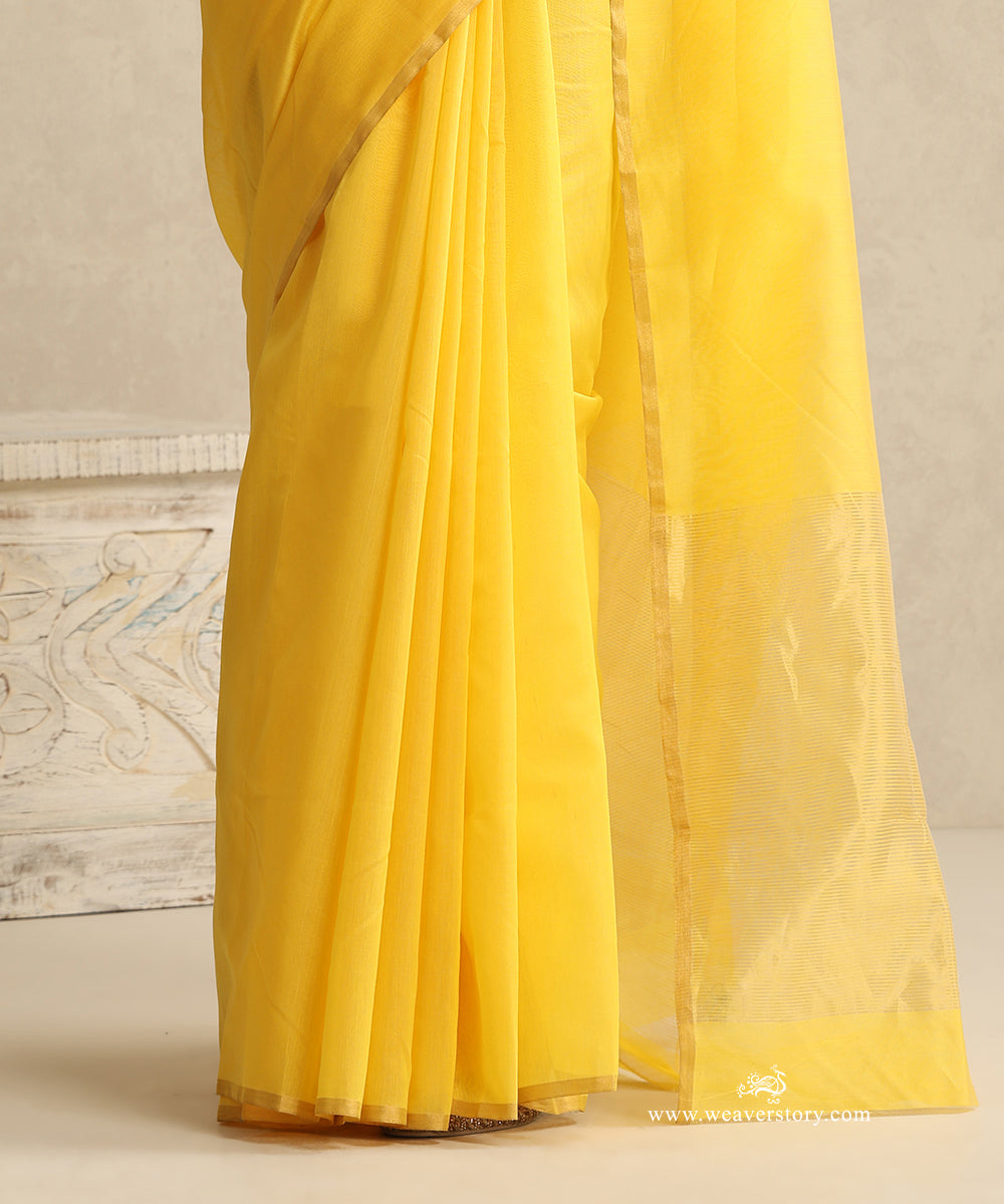 Yellow_Handloom_Plain_Eknaliya_Chanderi_Saree_With_Gold_Selvedge_WeaverStory_04