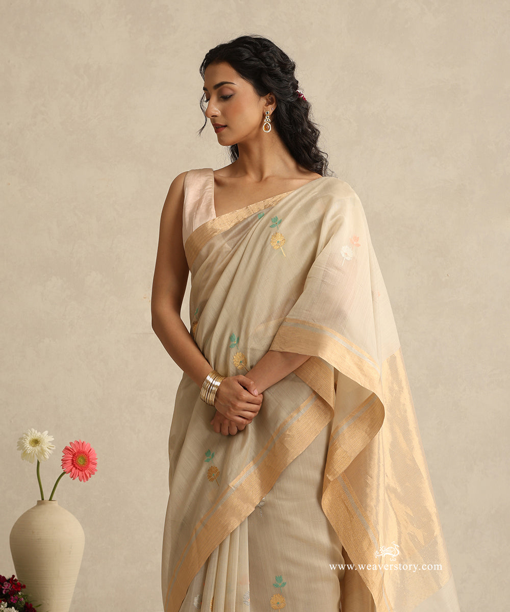 Beige_Handloom_Cotton_Silk_Eknaliya_Chanderi_Saree_Eknaliya_Lotus_Meena_Flower_Booti_WeaverStory_02