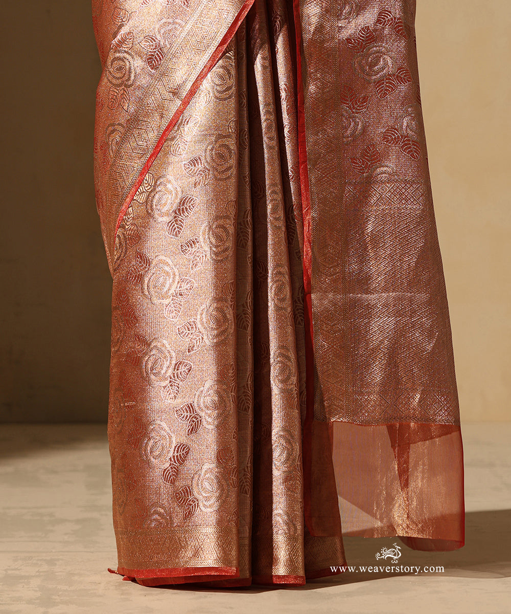 Rust Orange And Gold Handloom Pure Silk Tissue Tanchoi Banarasi Saree With Red Selvedge