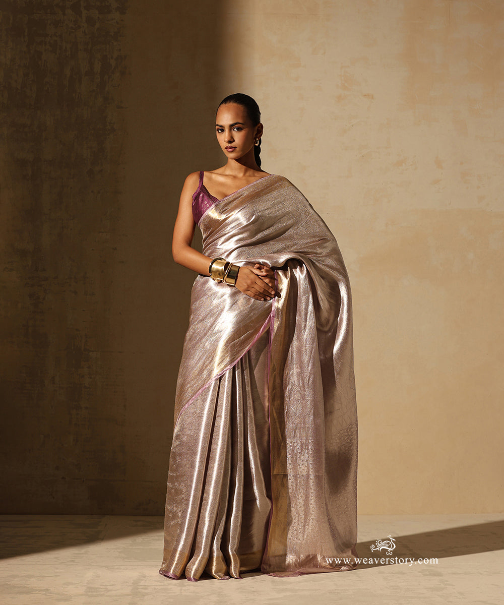 Soft Pink And Silver Handloom Pure Silk Tissue Tanchoi Banarasi Saree With Gold Zari Border