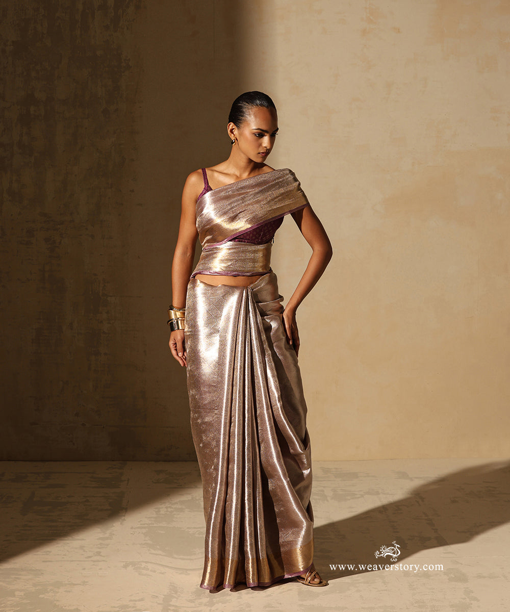Soft Pink And Silver Handloom Pure Silk Tissue Tanchoi Banarasi Saree With Gold Zari Border