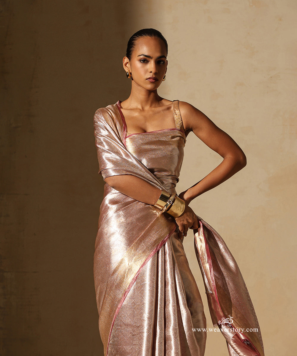 Soft Pink And Silver Handloom Pure Silk Tissue Tanchoi Banarasi Saree With Pink Selvedge