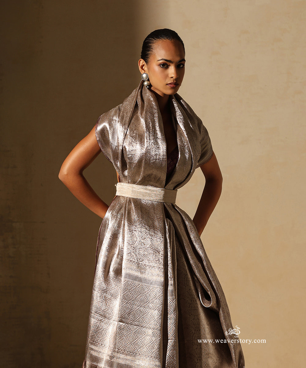 Silver Handloom Pure Silk Tissue Tanchoi Banarasi Saree With Plum Selvedge