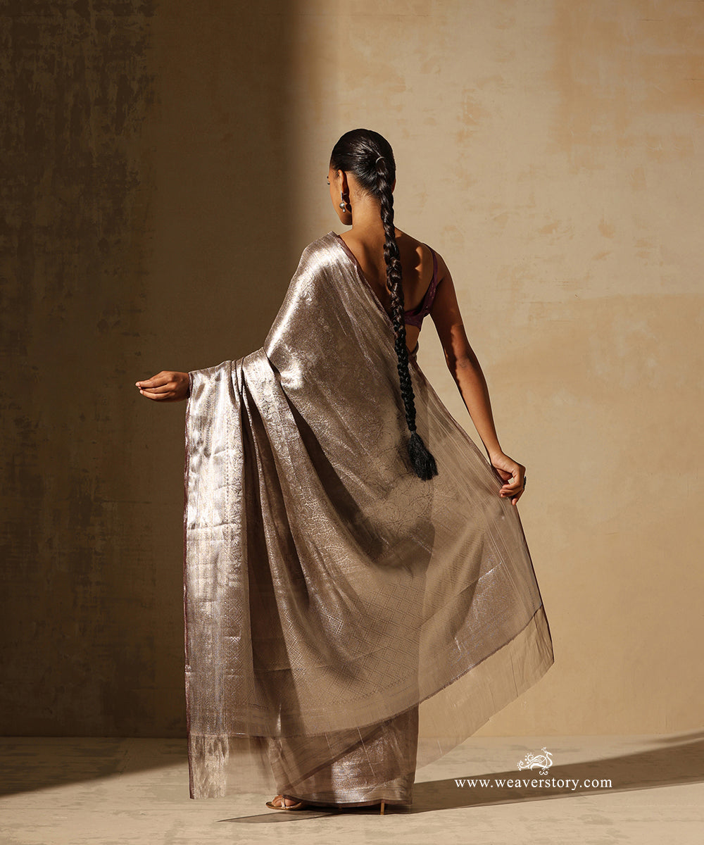Silver Handloom Pure Silk Tissue Tanchoi Banarasi Saree With Plum Selvedge