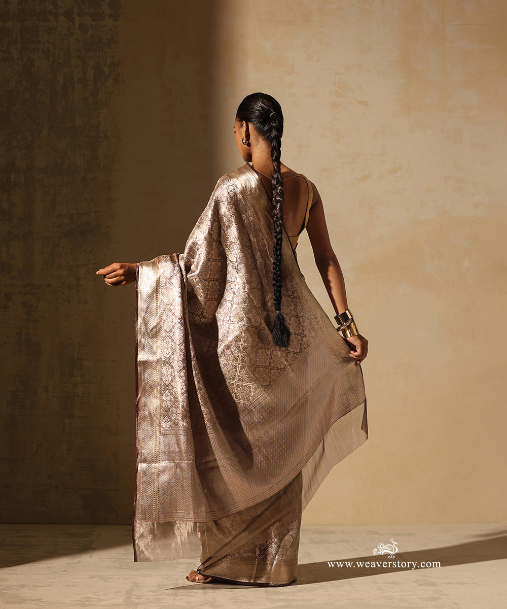 Gold Handloom Pure Silk Tissue Tanchoi Banarasi Saree With Brown Selvedge