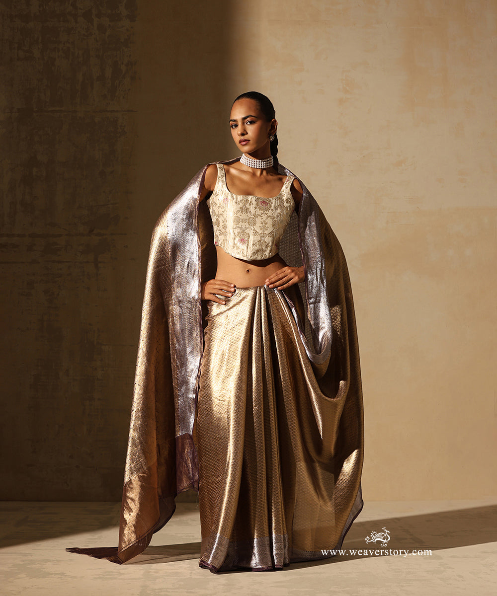 Gold Handloom Pure Silk Tissue Tanchoi Banarasi Saree With Purple Selvedge