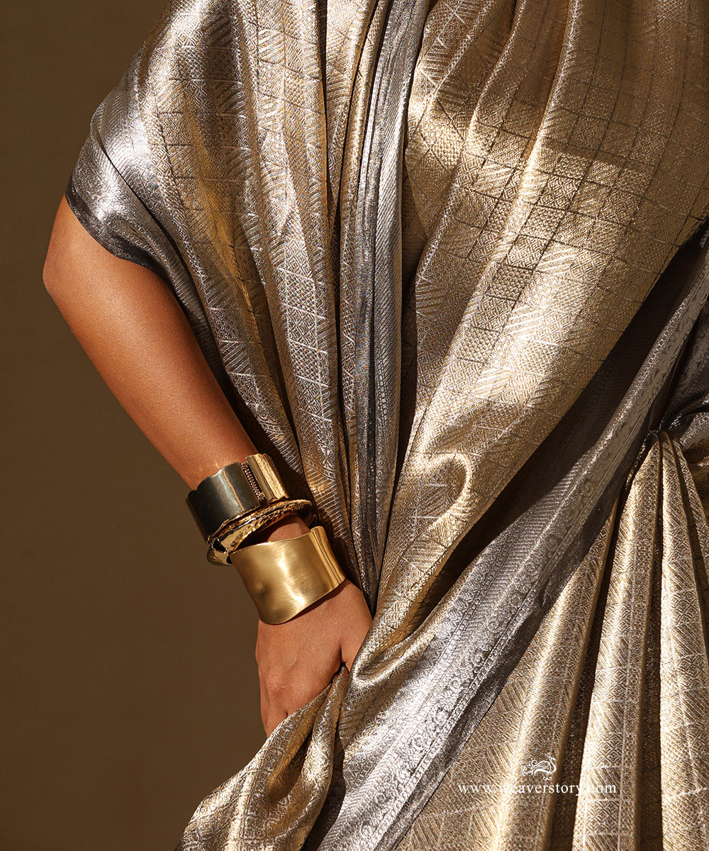 Gold Handloom Pure Silk Tissue Tanchoi Banarasi Saree With Silver Border Selvedge