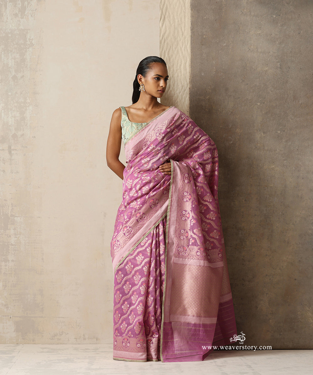 Mauve Handloom Pure Kora Cotton Banarasi Saree With Allover Meena Floral Jaal
