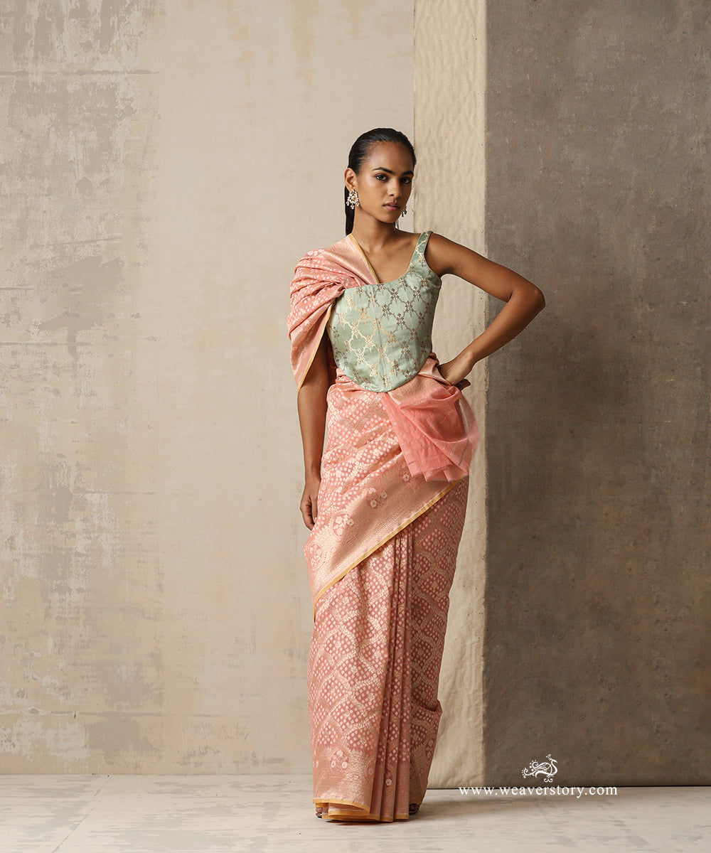 Soft Pink Handloom Pure Kora Cotton Kadhwa Banarasi Saree With Peach Selvedge