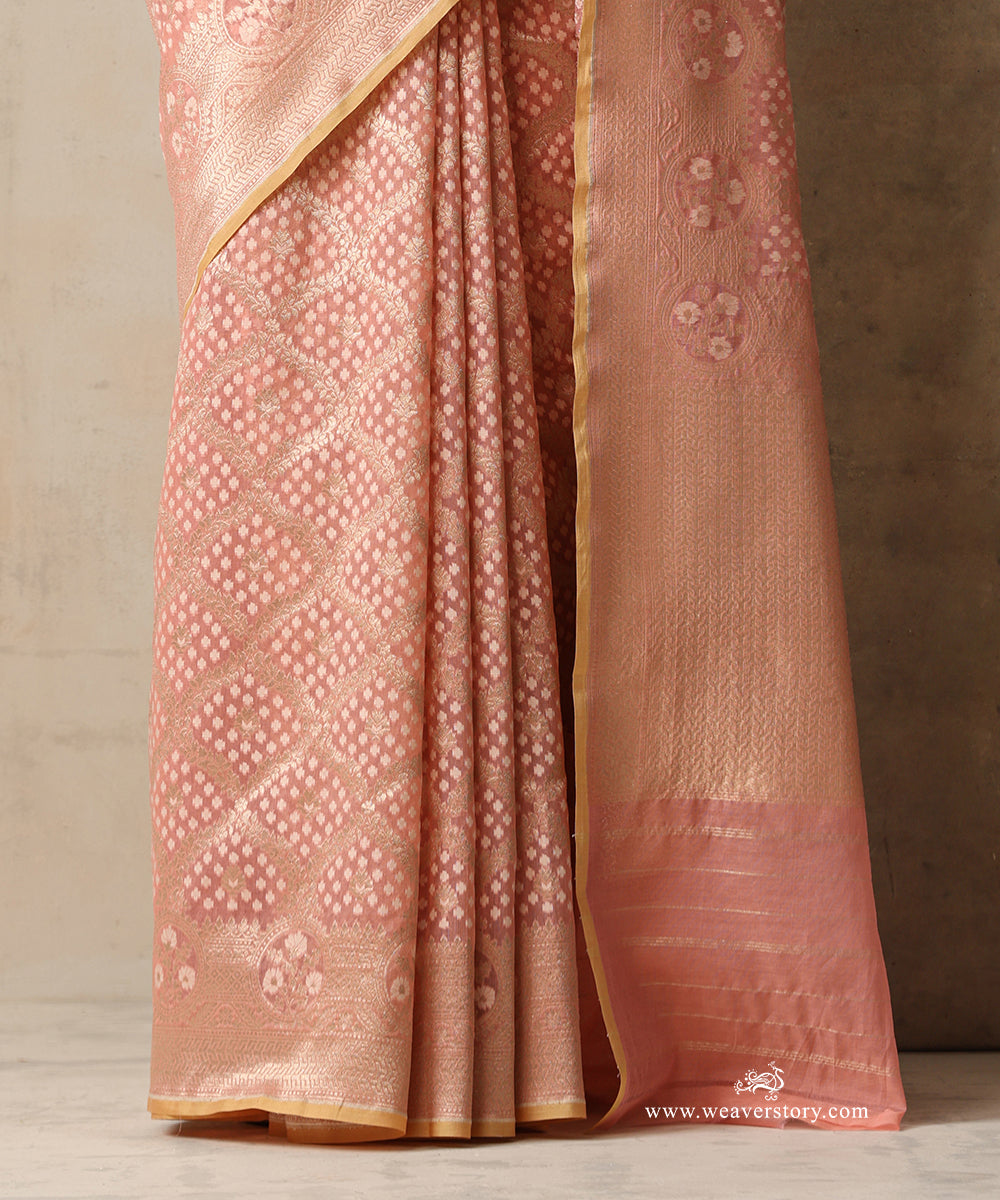 Soft Pink Handloom Pure Kora Cotton Kadhwa Banarasi Saree With Peach Selvedge