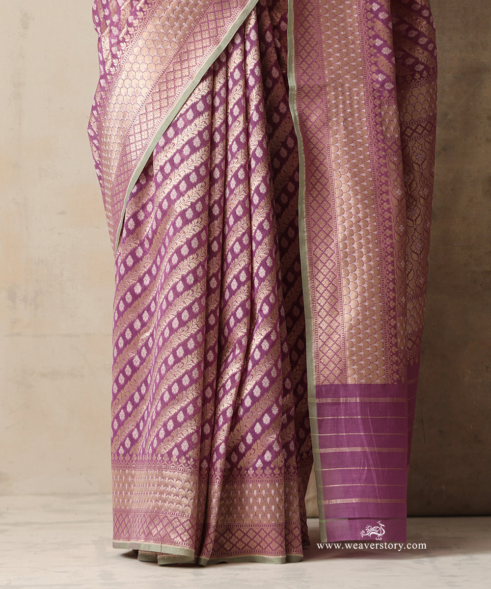 Lilac Handloom Pure Kora Cotton Kadhwa Banarasi Saree With Allover Aadi Jaal