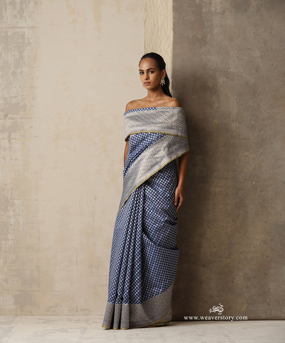 Ink Blue Handloom Pure Kora Cotton Banarasi Saree With Allover Aadi Jaal